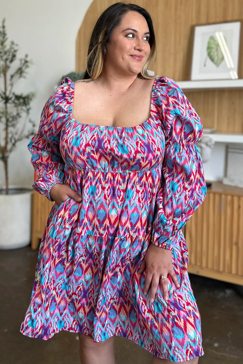 Double Take Full Size Printed Long Sleeve Dress - Grace Beauty H&C