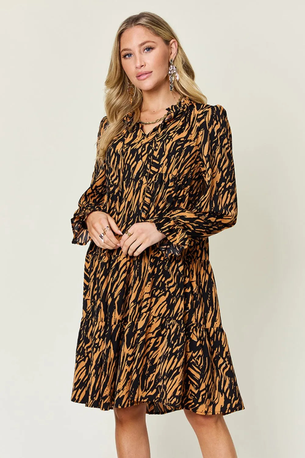 Double Take Full Size Printed Ruffle Hem Long Sleeve Dress - Grace Beauty H&C
