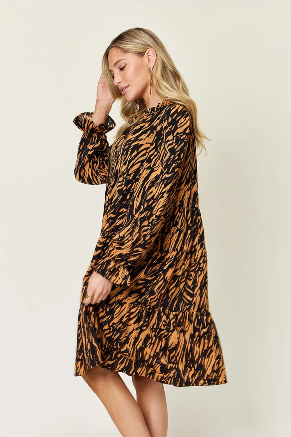 Double Take Full Size Printed Ruffle Hem Long Sleeve Dress - Grace Beauty H&C