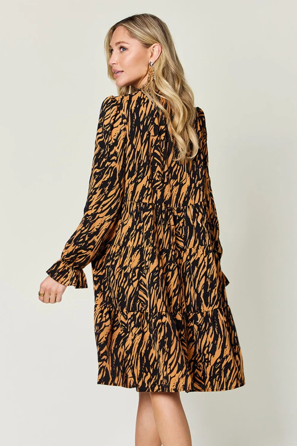 Double Take Full Size Printed Ruffle Hem Long Sleeve Dress - Grace Beauty H&C