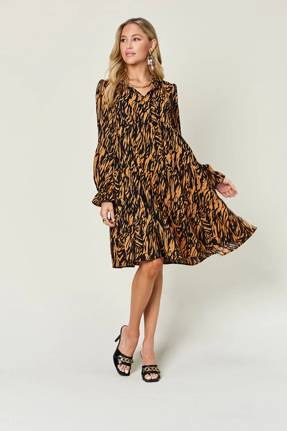 Double Take Full Size Printed Ruffle Hem Long Sleeve Dress - Grace Beauty H&C