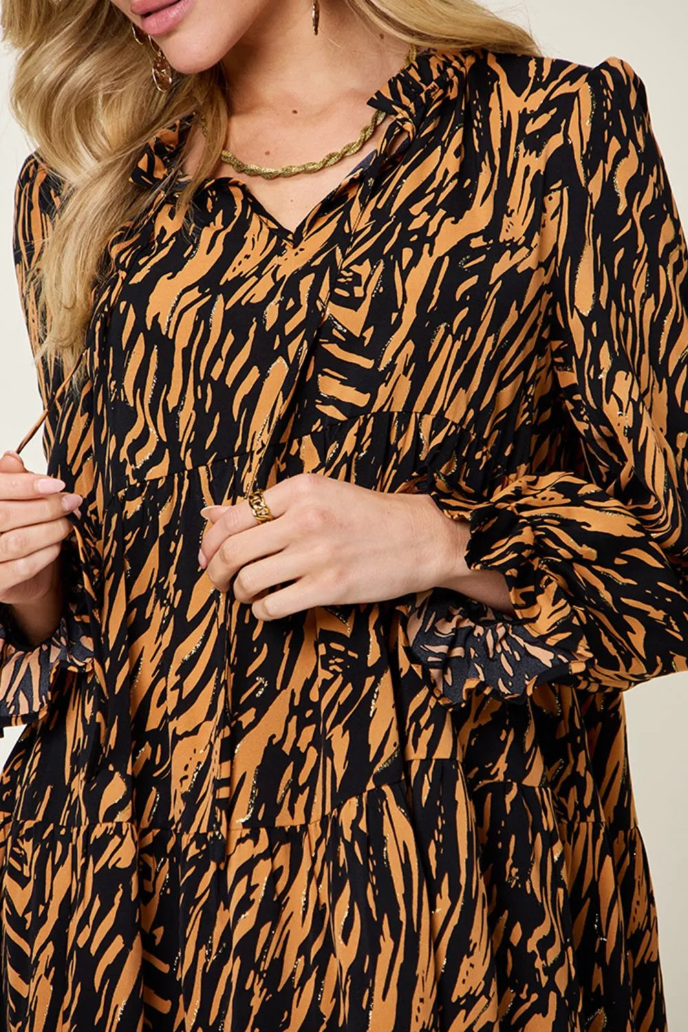 Double Take Full Size Printed Ruffle Hem Long Sleeve Dress - Grace Beauty H&C