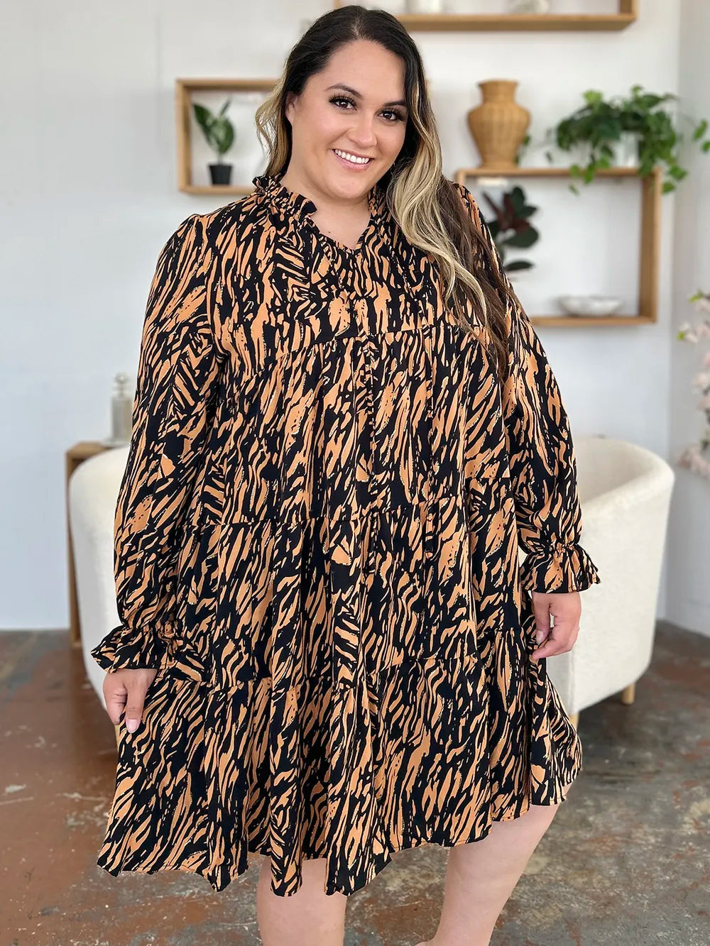 Double Take Full Size Printed Ruffle Hem Long Sleeve Dress - Grace Beauty H&C
