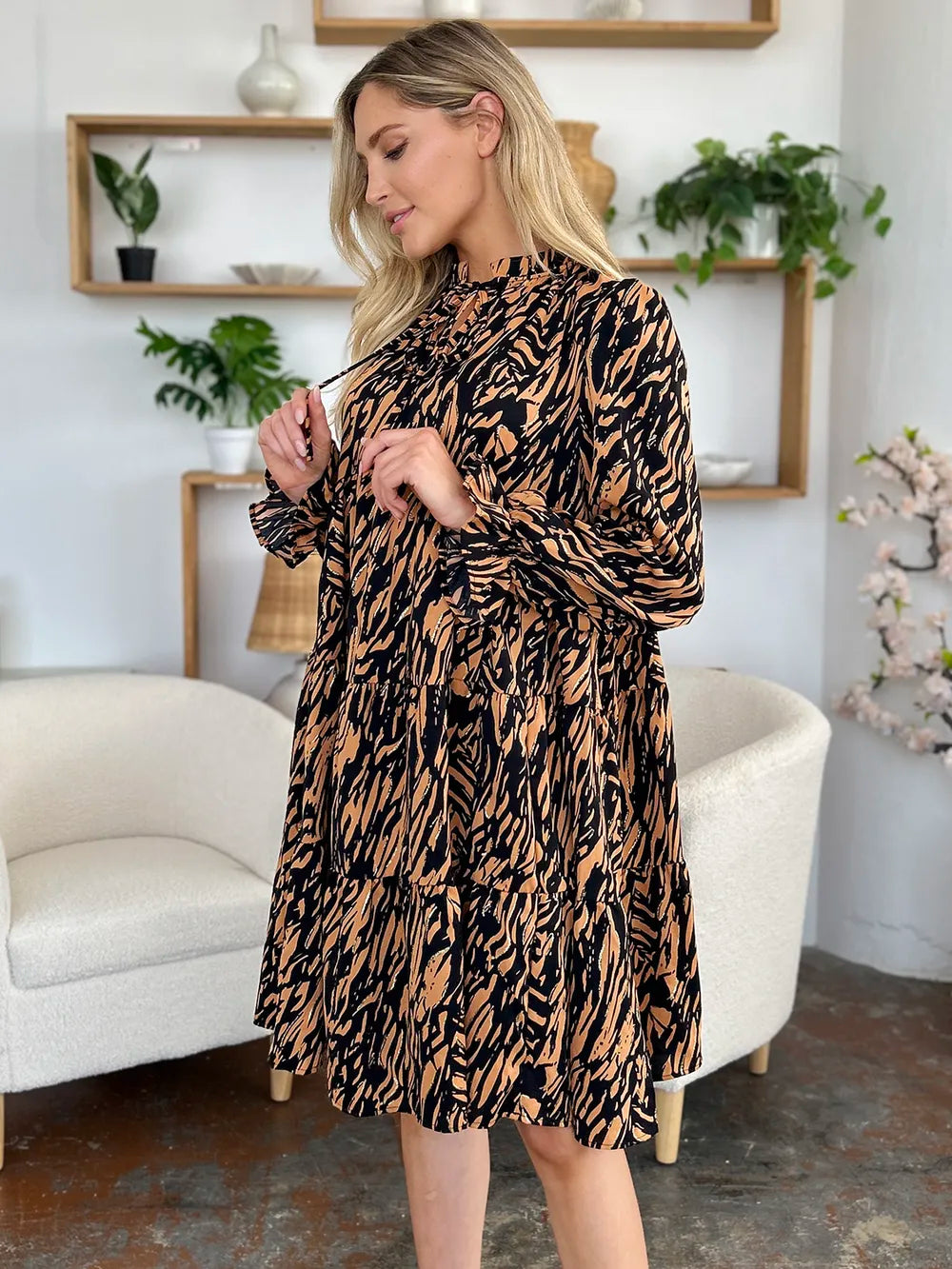 Double Take Full Size Printed Ruffle Hem Long Sleeve Dress - Grace Beauty H&C