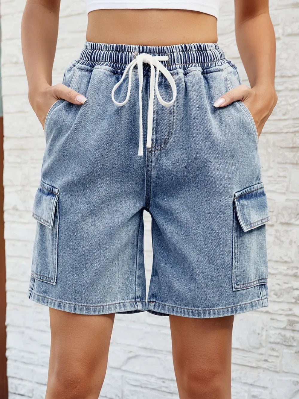 Drawstring Denim Shorts with Pockets - Grace Beauty H&C