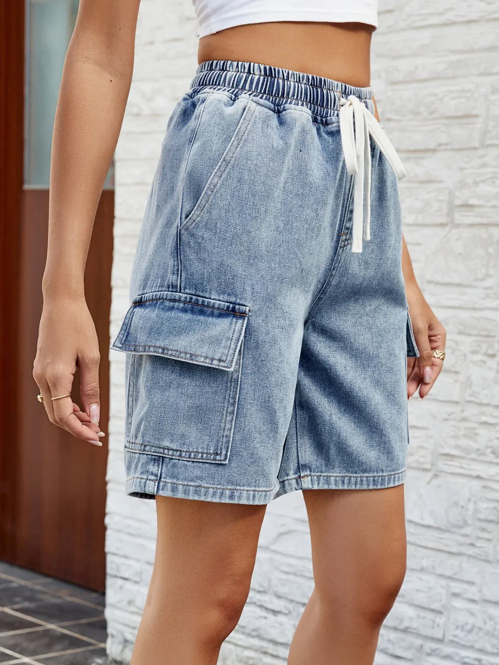 Drawstring Denim Shorts with Pockets - Grace Beauty H&C