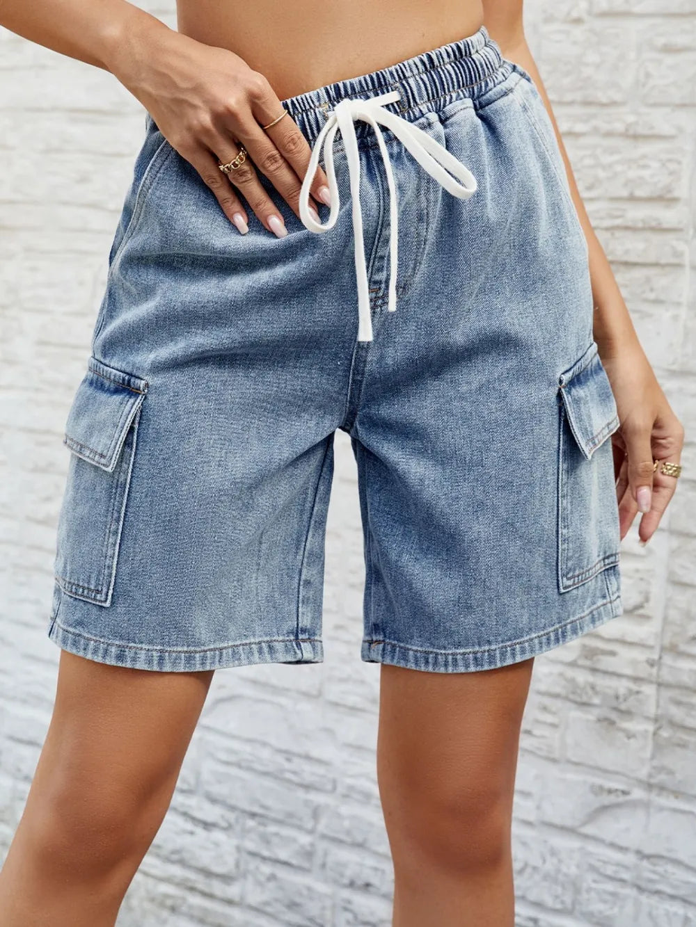 Drawstring Denim Shorts with Pockets - Grace Beauty H&C