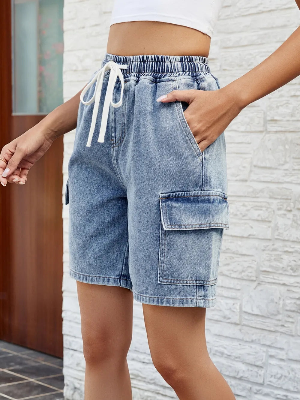 Drawstring Denim Shorts with Pockets - Grace Beauty H&C