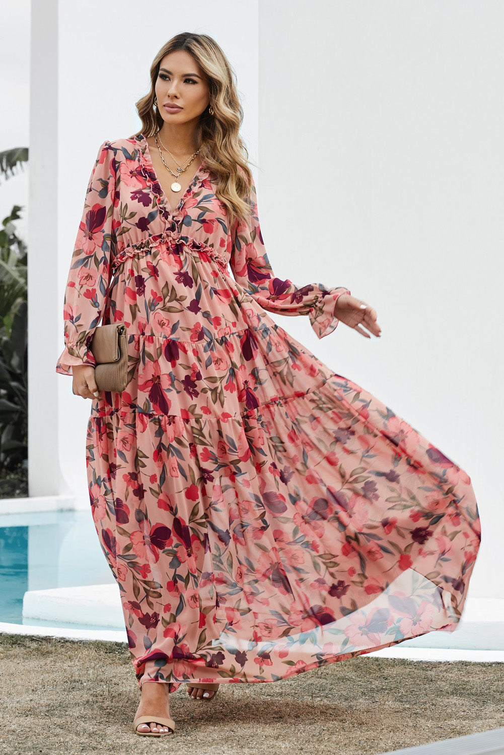 Floral Frill Trim Flounce Sleeve Plunge Maxi Dress - Grace Beauty H&C