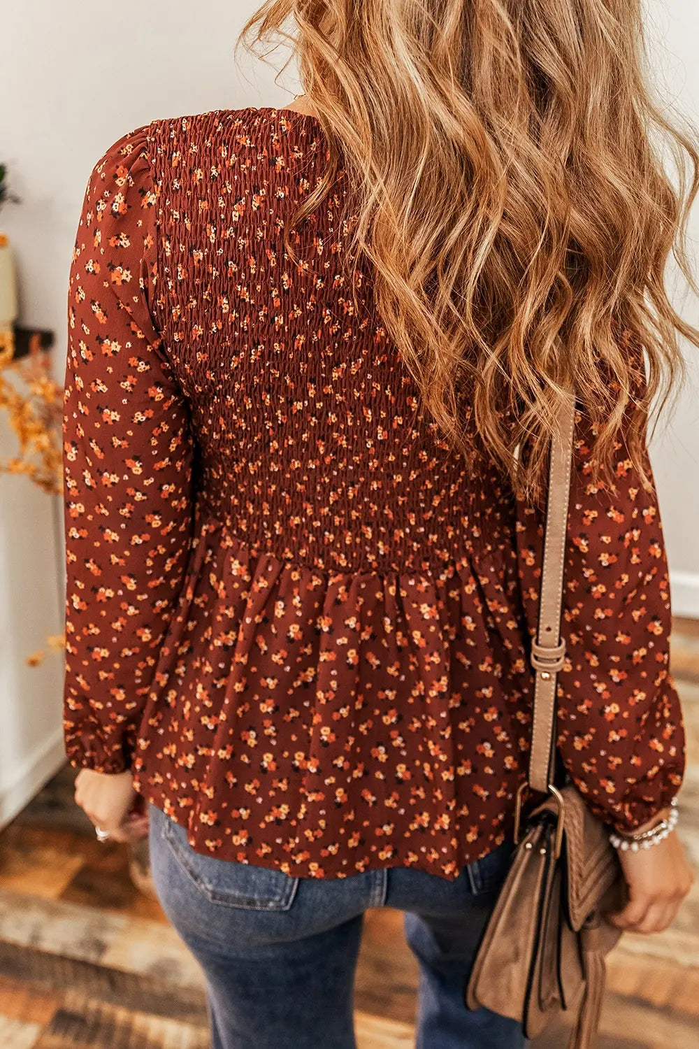 Floral Smocked Ruffle Hem Long Sleeve Blouse - Grace Beauty H&C