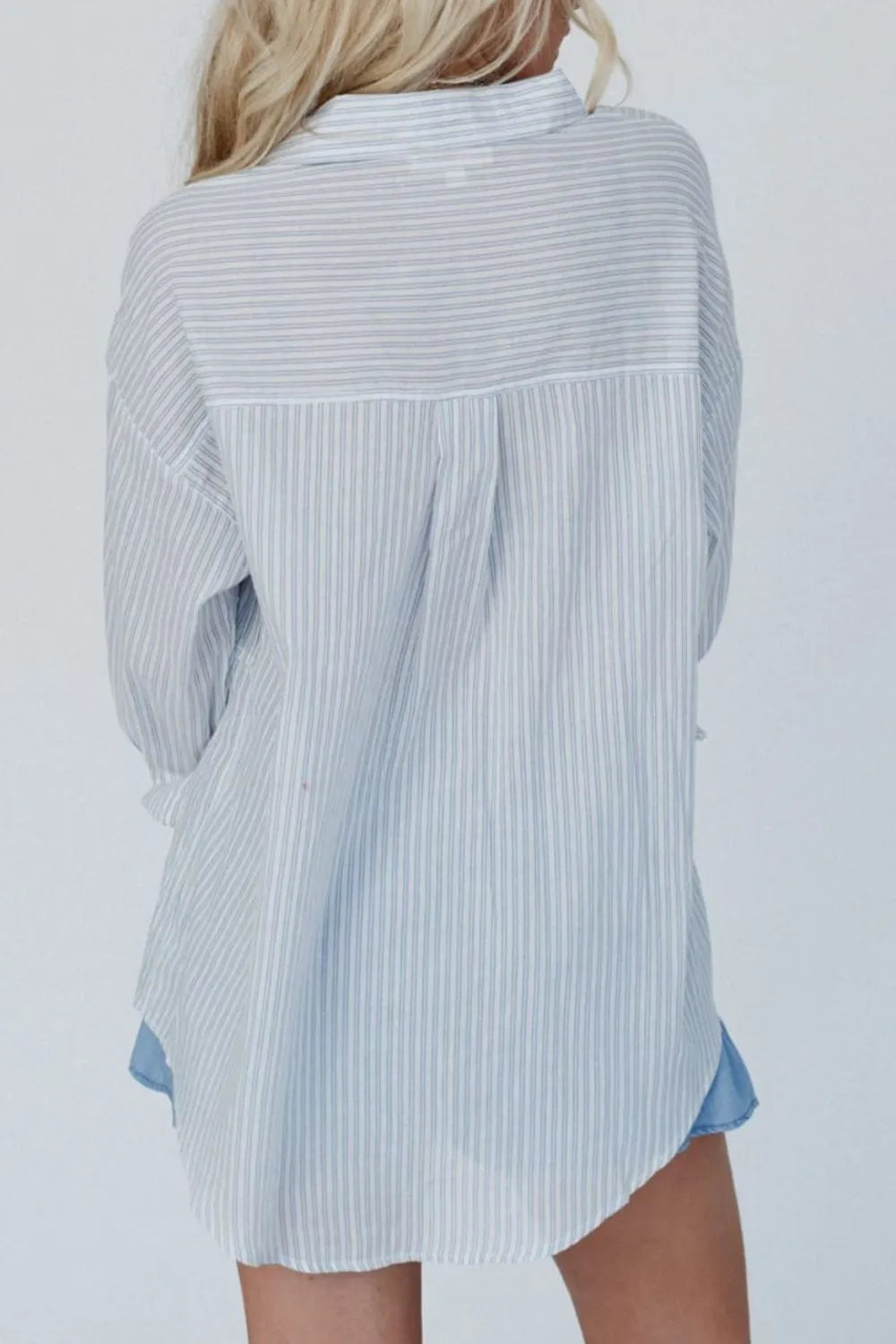 Frill Striped Collared Neck Long Sleeve Shirt - Grace Beauty H&C