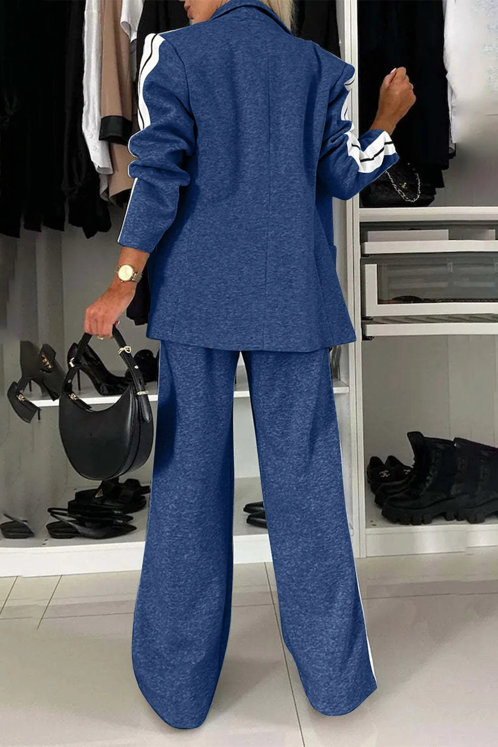 Full Size Two-Piece Pants Set – Contrast Lapel Collar Top & Matching Trousers - Grace Beauty H&C