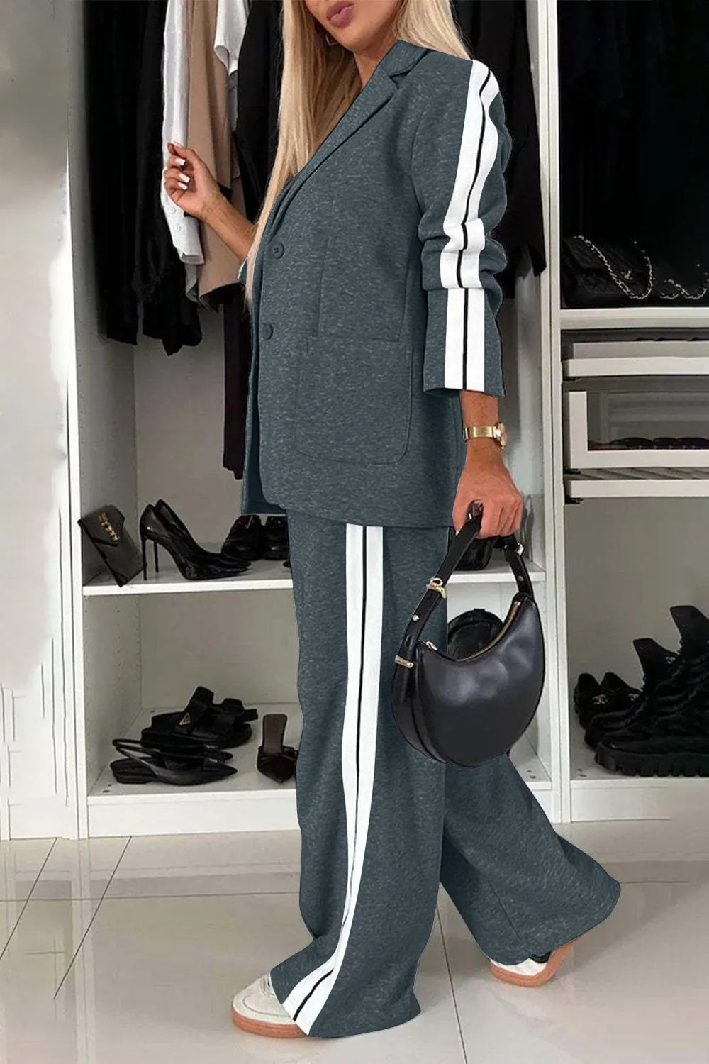 Full Size Two-Piece Pants Set – Contrast Lapel Collar Top & Matching Trousers - Grace Beauty H&C