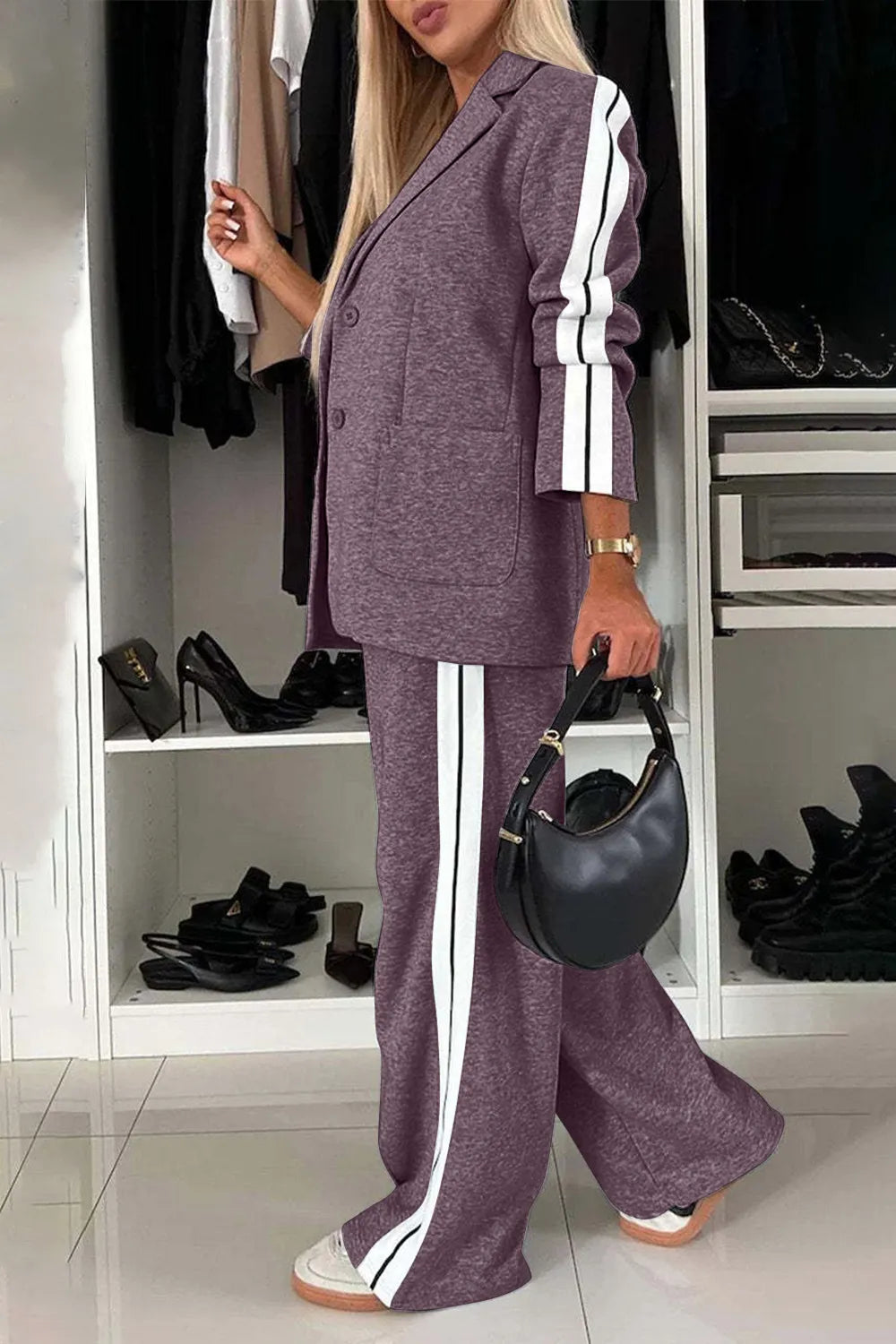 Full Size Two-Piece Pants Set – Contrast Lapel Collar Top & Matching Trousers - Grace Beauty H&C