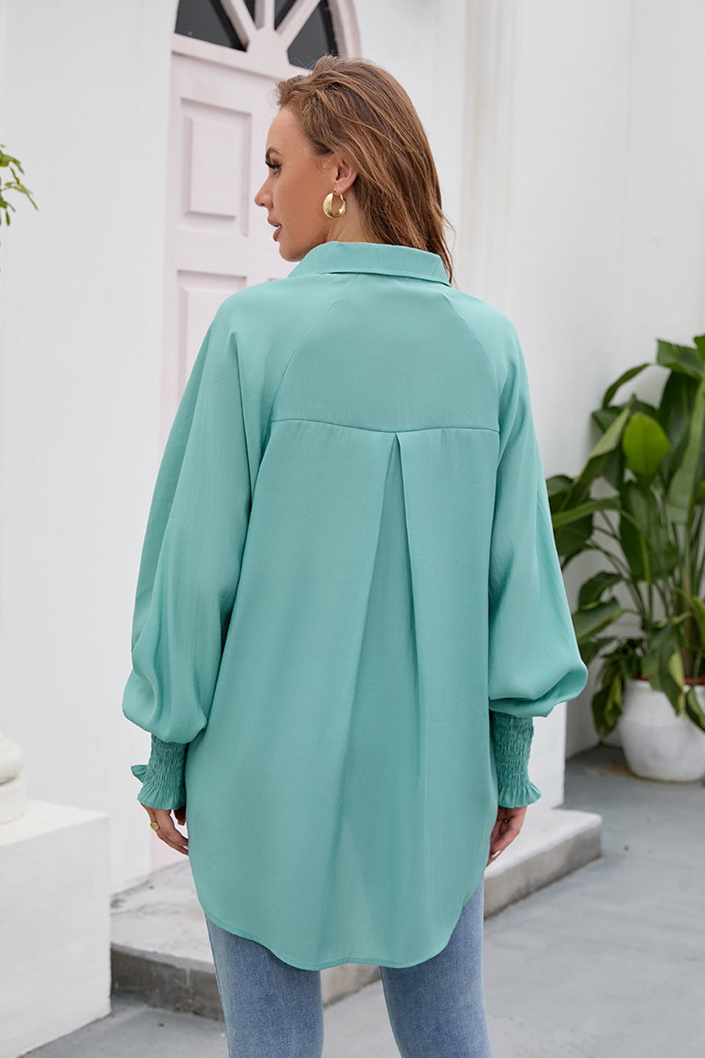 High-Low Collared Neck Lantern Sleeve Shirt - Grace Beauty H&C