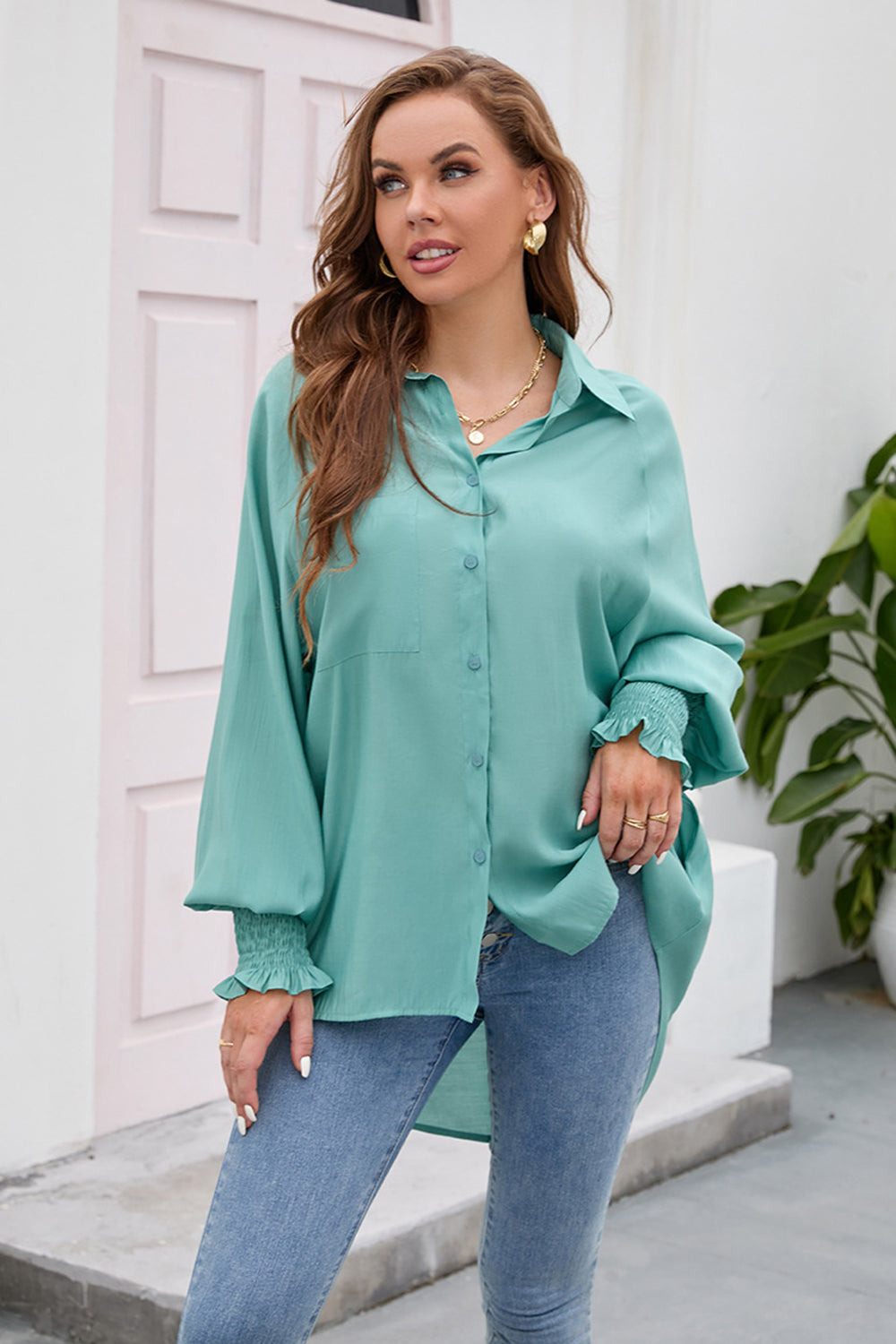 High-Low Collared Neck Lantern Sleeve Shirt - Grace Beauty H&C