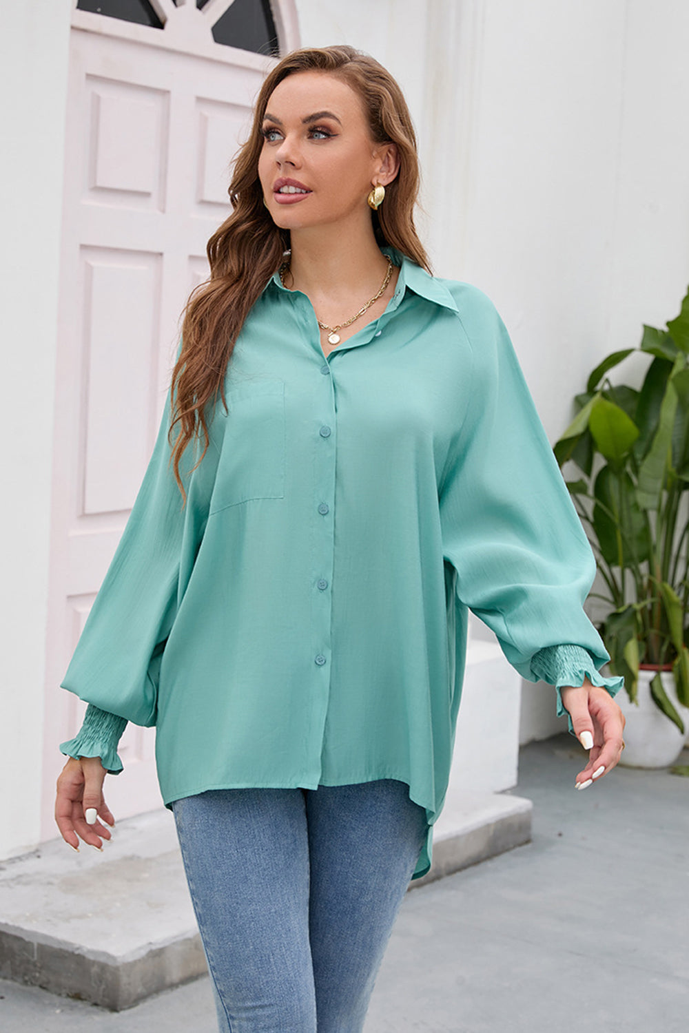High-Low Collared Neck Lantern Sleeve Shirt - Grace Beauty H&C
