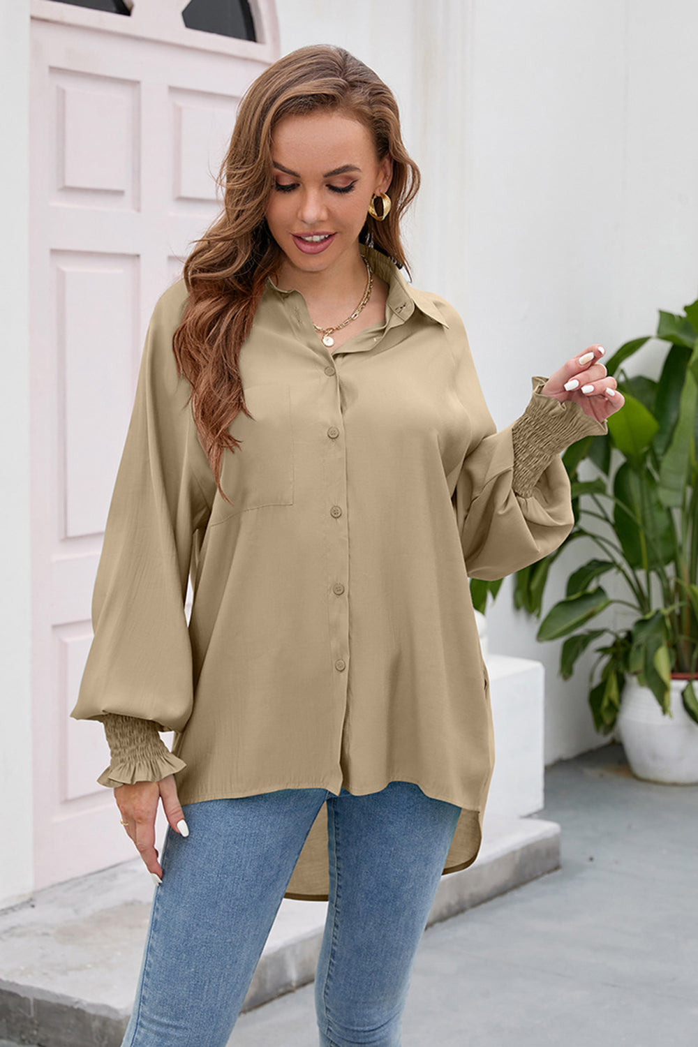 High-Low Collared Neck Lantern Sleeve Shirt - Grace Beauty H&C