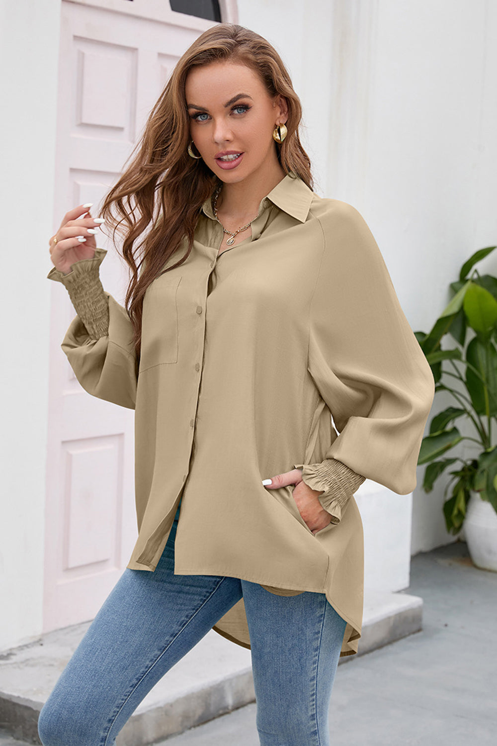 High-Low Collared Neck Lantern Sleeve Shirt - Grace Beauty H&C