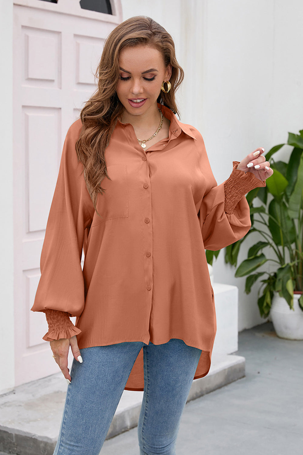 High-Low Collared Neck Lantern Sleeve Shirt - Grace Beauty H&C