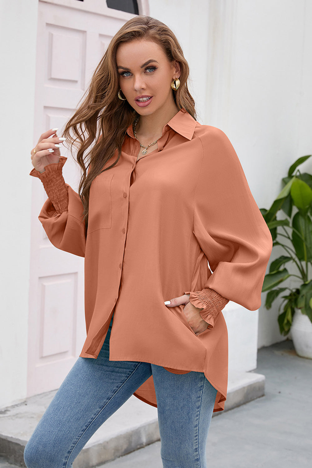 High-Low Collared Neck Lantern Sleeve Shirt - Grace Beauty H&C