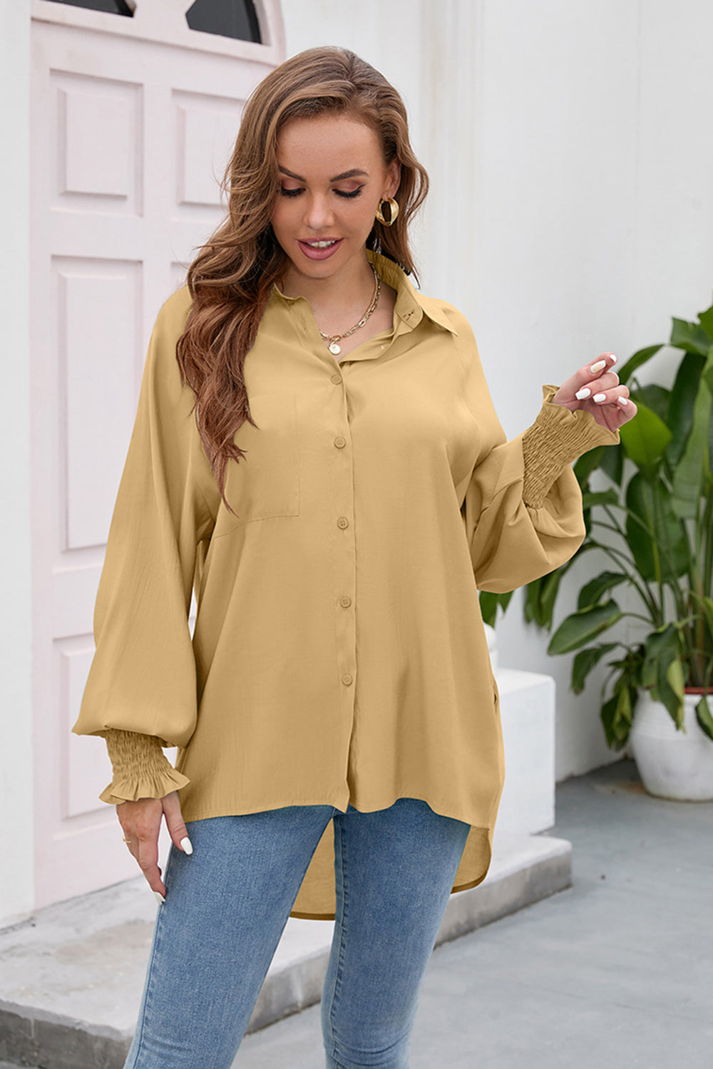 High-Low Collared Neck Lantern Sleeve Shirt - Grace Beauty H&C