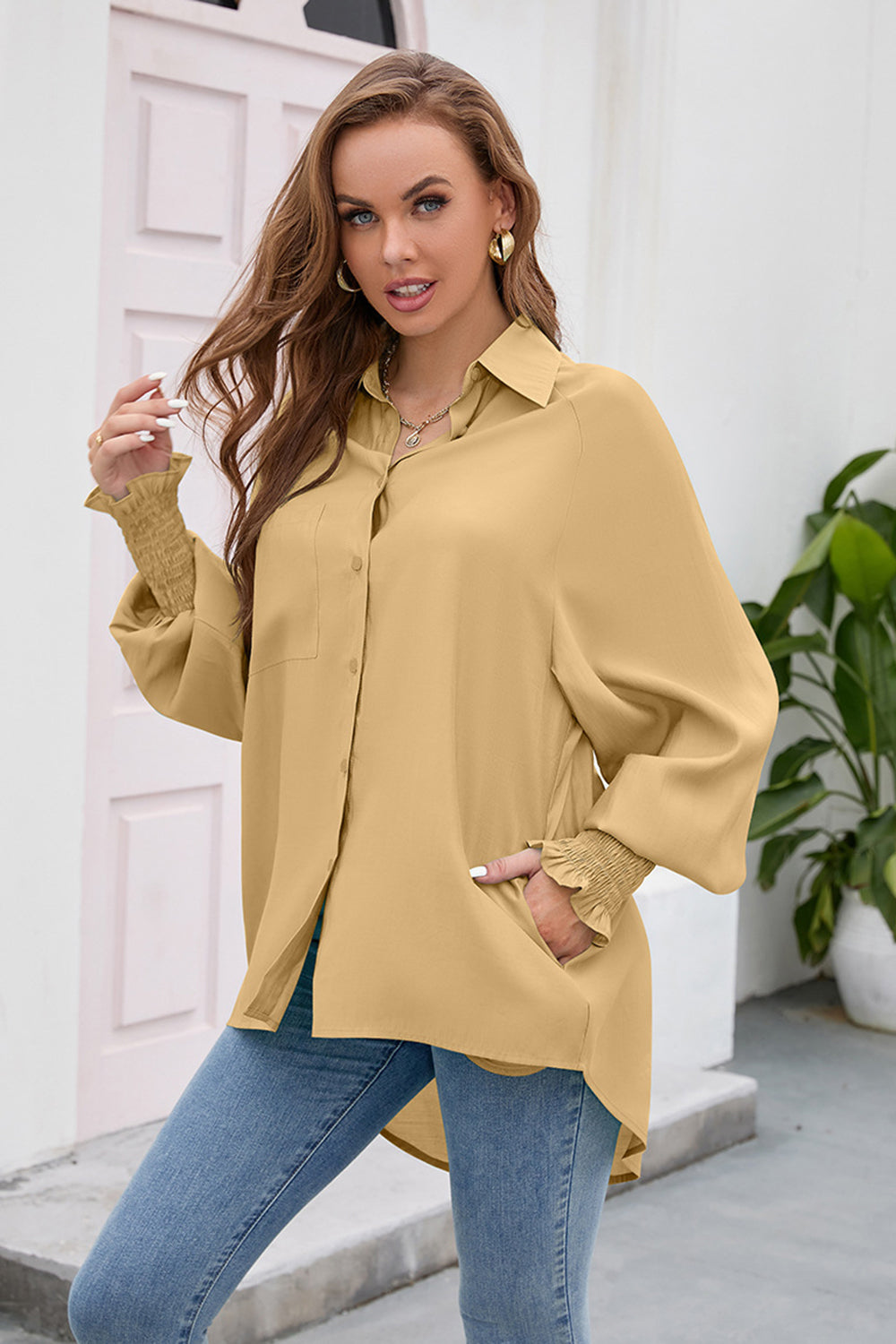 High-Low Collared Neck Lantern Sleeve Shirt - Grace Beauty H&C