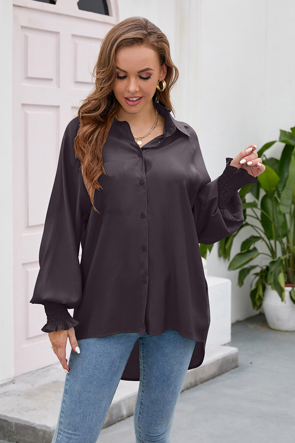 High-Low Collared Neck Lantern Sleeve Shirt - Grace Beauty H&C