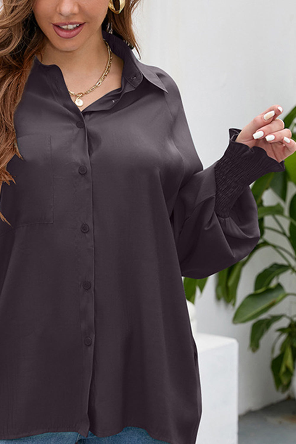 High-Low Collared Neck Lantern Sleeve Shirt - Grace Beauty H&C