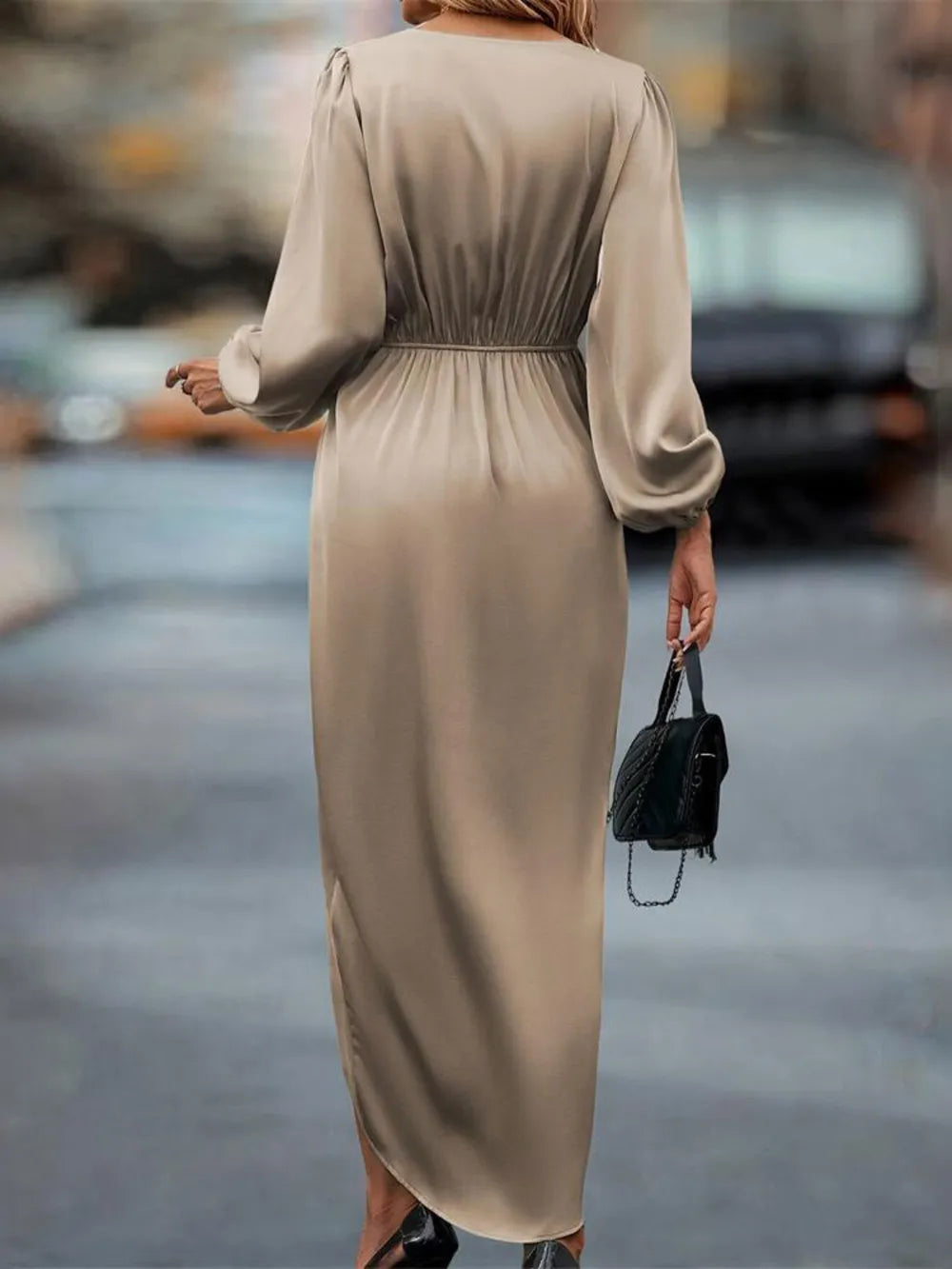 High-Low Surplice Balloon Sleeve Midi Dress - Grace Beauty H&C