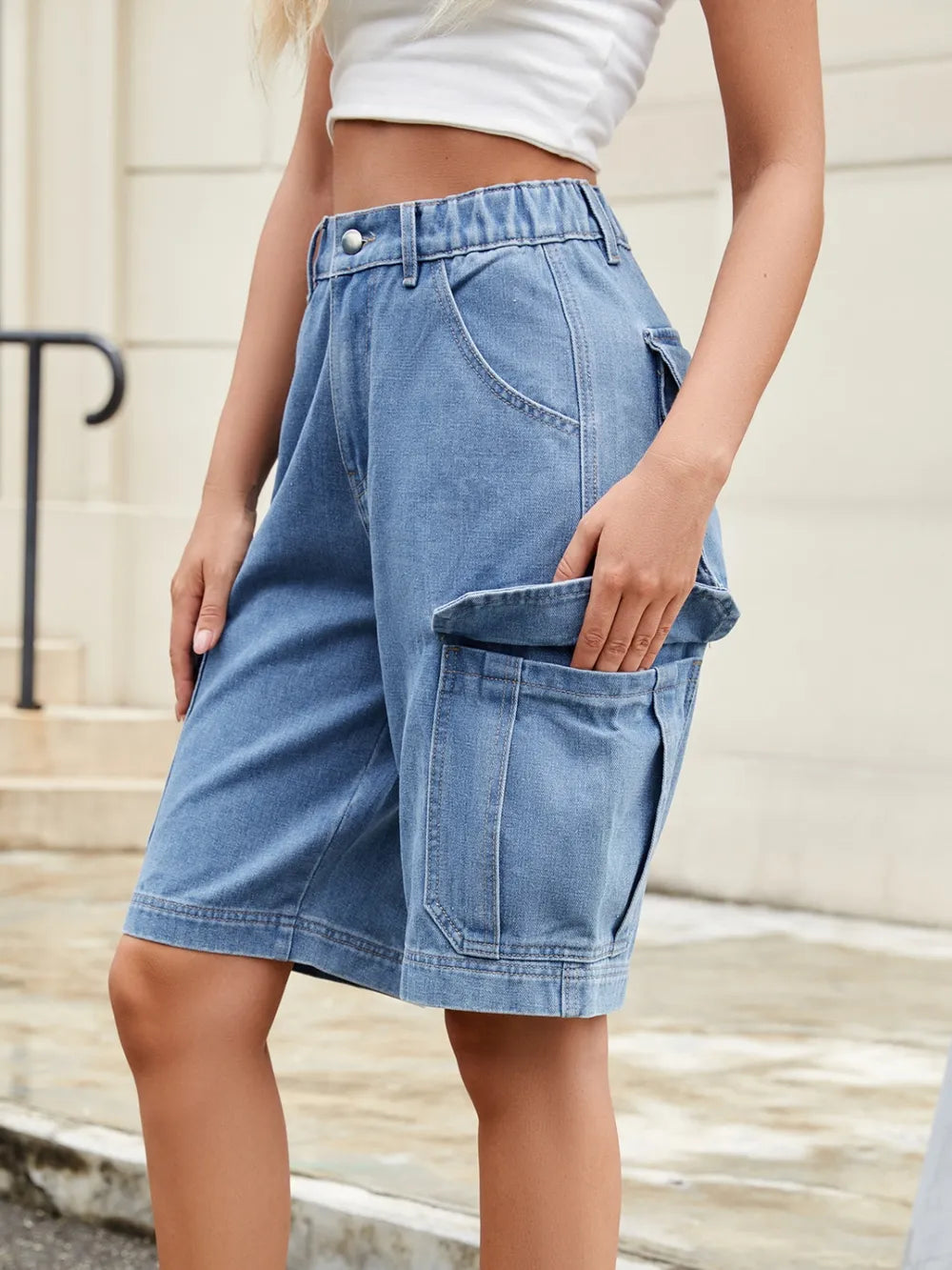 High Waist Denim Shorts with Pockets - Grace Beauty H&C
