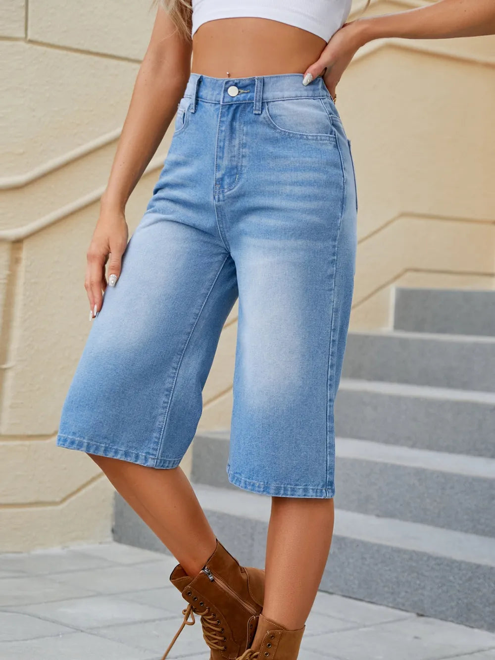 High Waist Denim Shorts with Pockets - Grace Beauty H&C