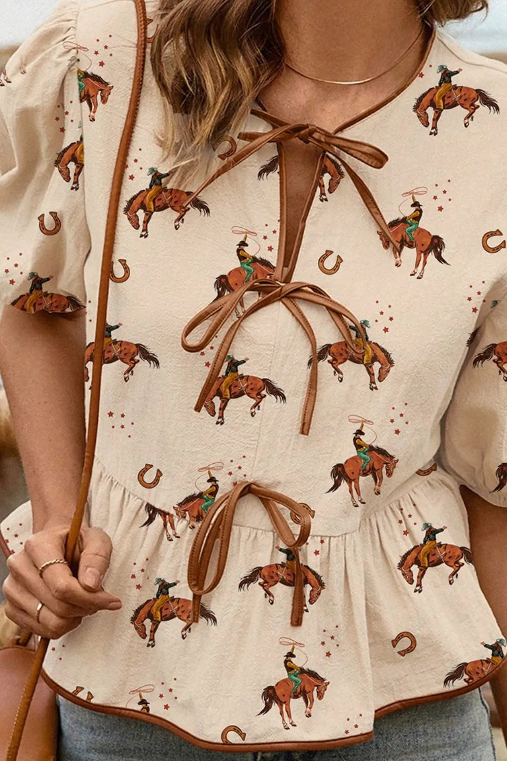 Horse Print Tie-Front Peplum Blouse - Grace Beauty H&C