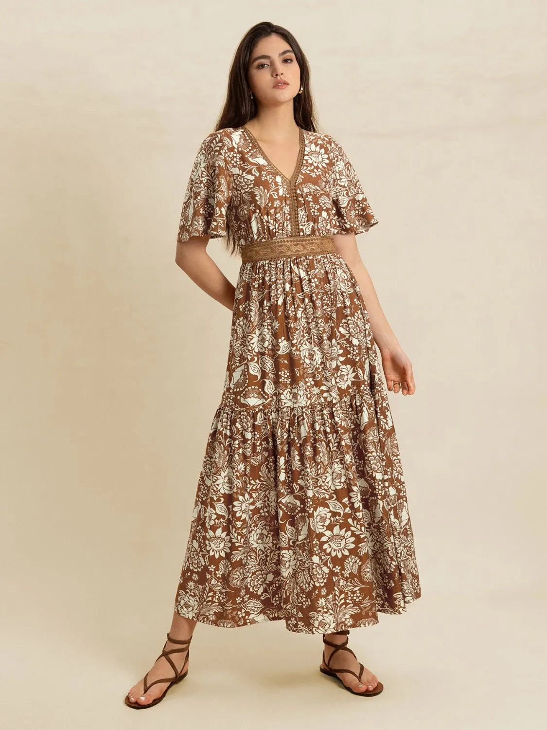 Lace Detail Printed Short Sleeve Midi Dress - Grace Beauty H&C