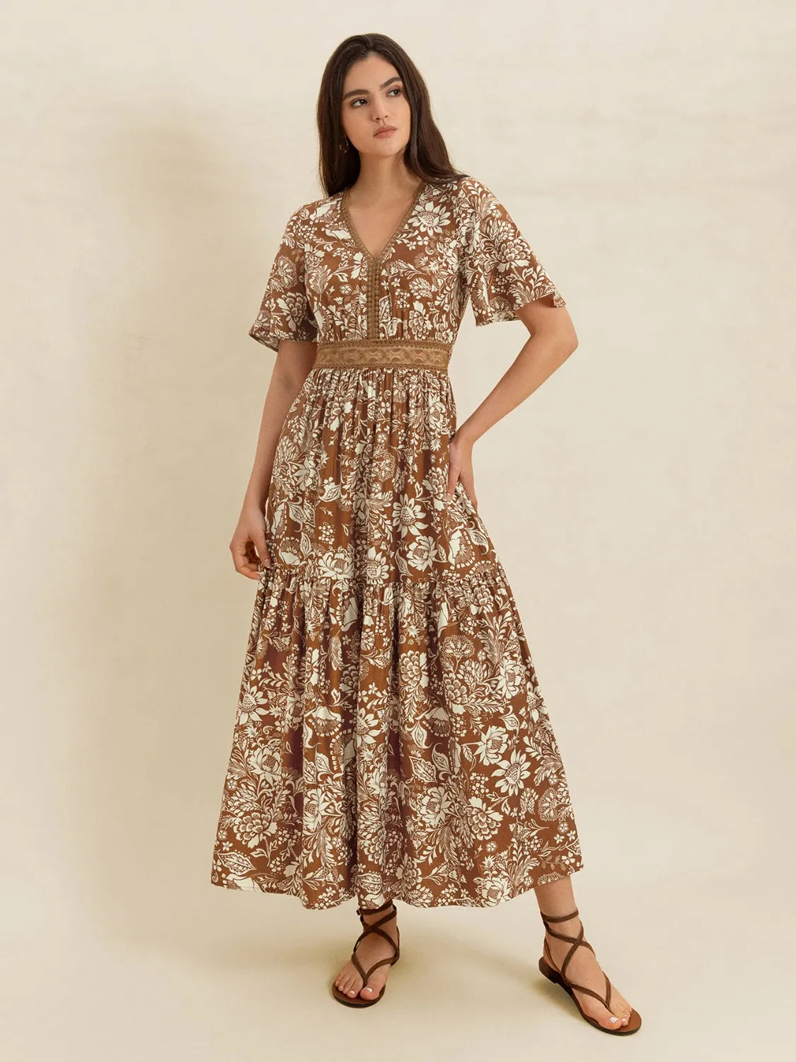 Lace Detail Printed Short Sleeve Midi Dress - Grace Beauty H&C