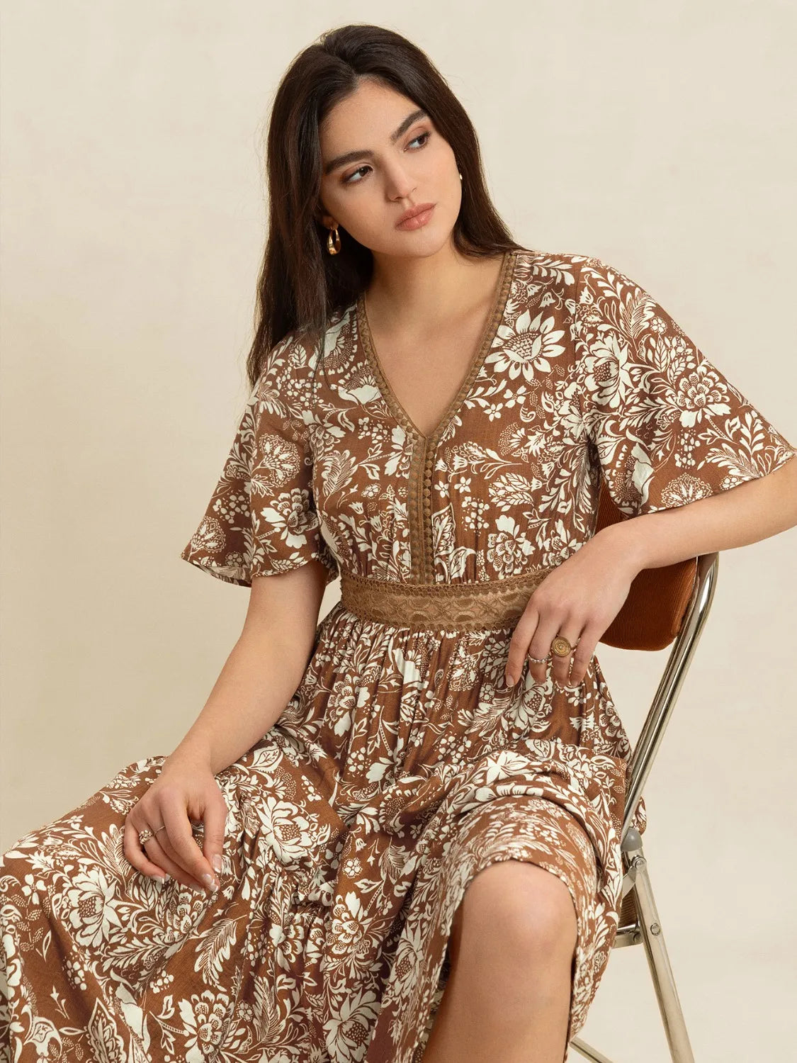 Lace Detail Printed Short Sleeve Midi Dress - Grace Beauty H&C