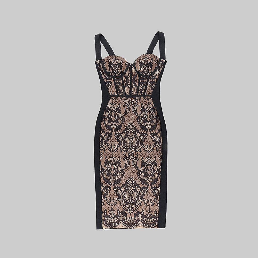 Lace Front Strap Bodycon Midi Dress – Business Chic Elegance - Grace Beauty H&C