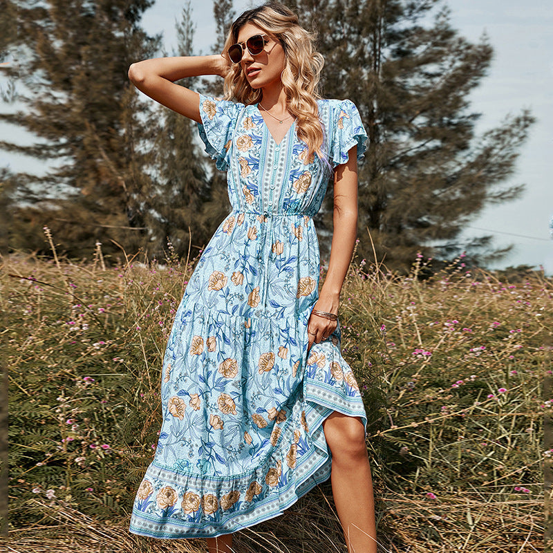 Lotus leaf printed women's dress - Grace Beauty H&C