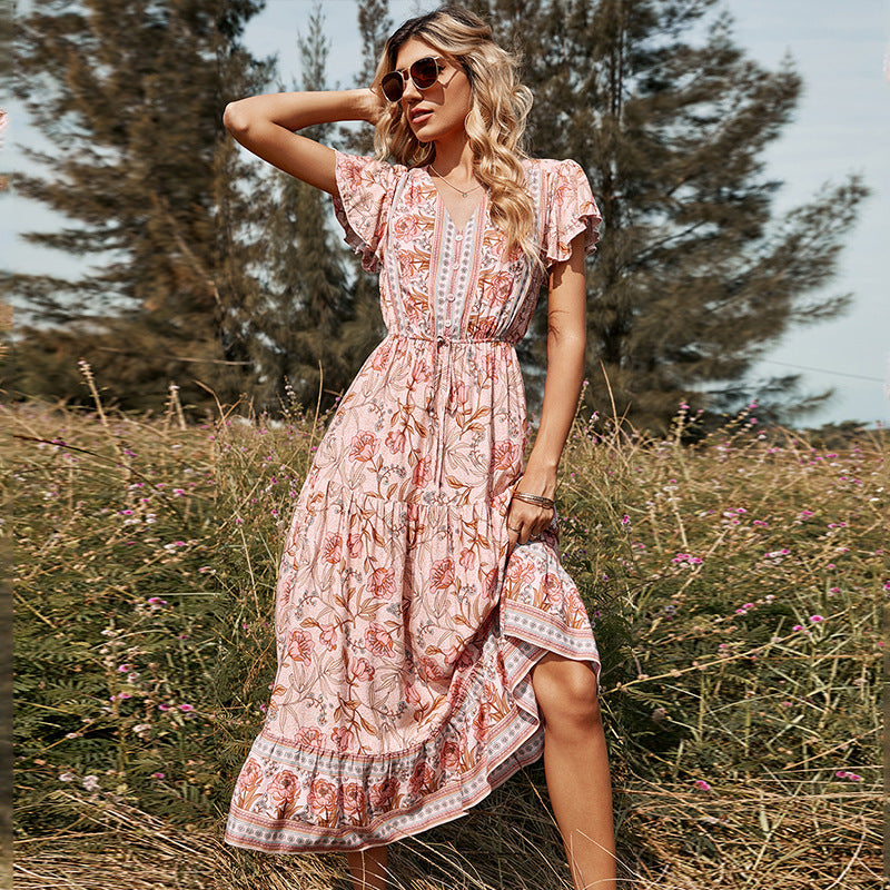 Lotus leaf printed women's dress - Grace Beauty H&C