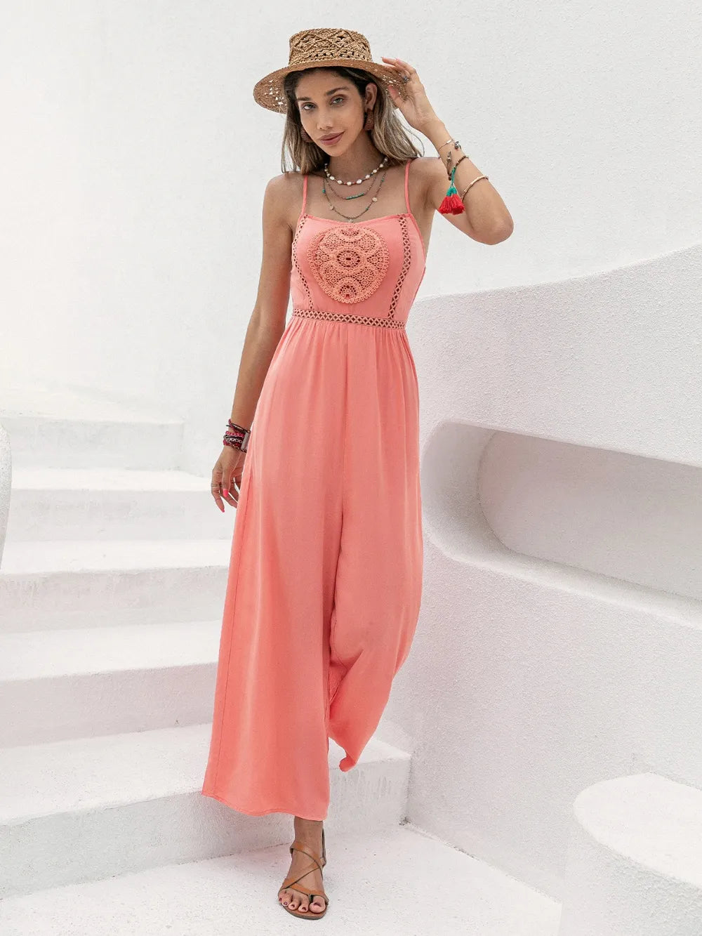 Openwork Spaghetti Strap Wide Leg Jumpsuit - Grace Beauty H&C