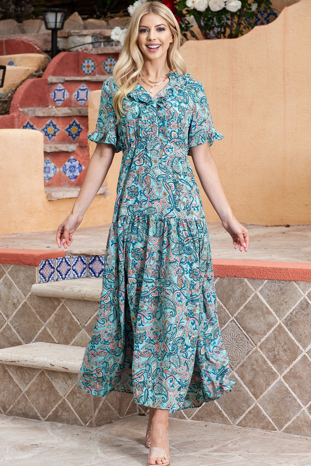 Paisley Print Flounce Sleeve Maxi Dress - Grace Beauty H&C