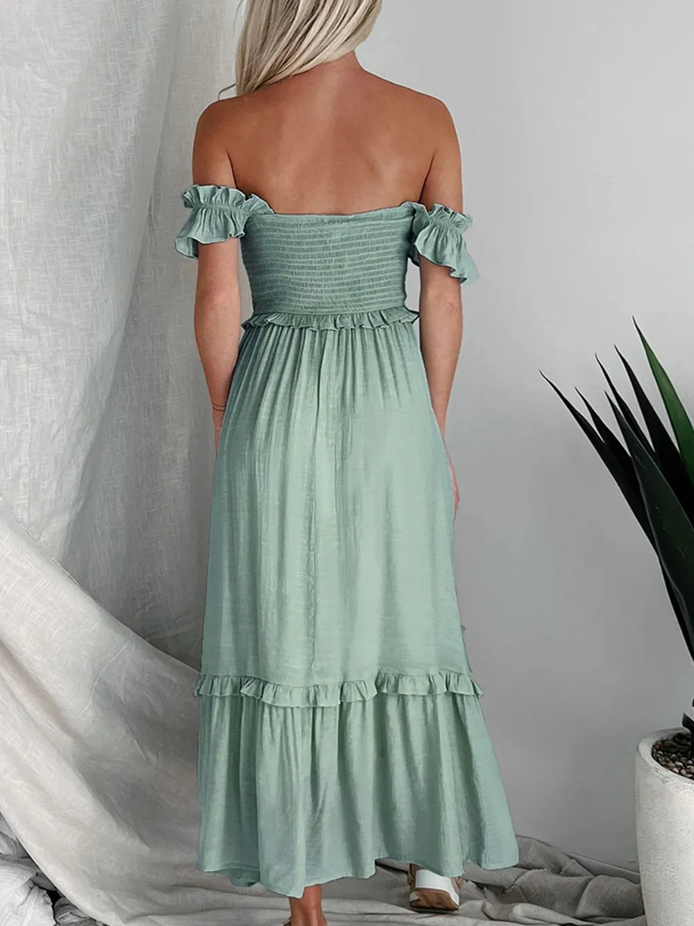 Perfee Frill Smocked Off-Shoulder Ruffle Sleeve Dress - Grace Beauty H&C