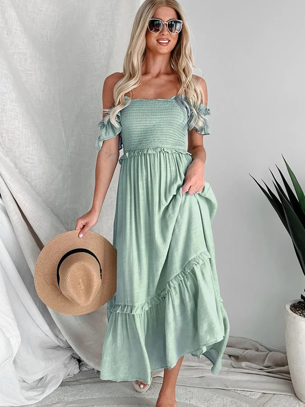 Perfee Frill Smocked Off-Shoulder Ruffle Sleeve Dress - Grace Beauty H&C