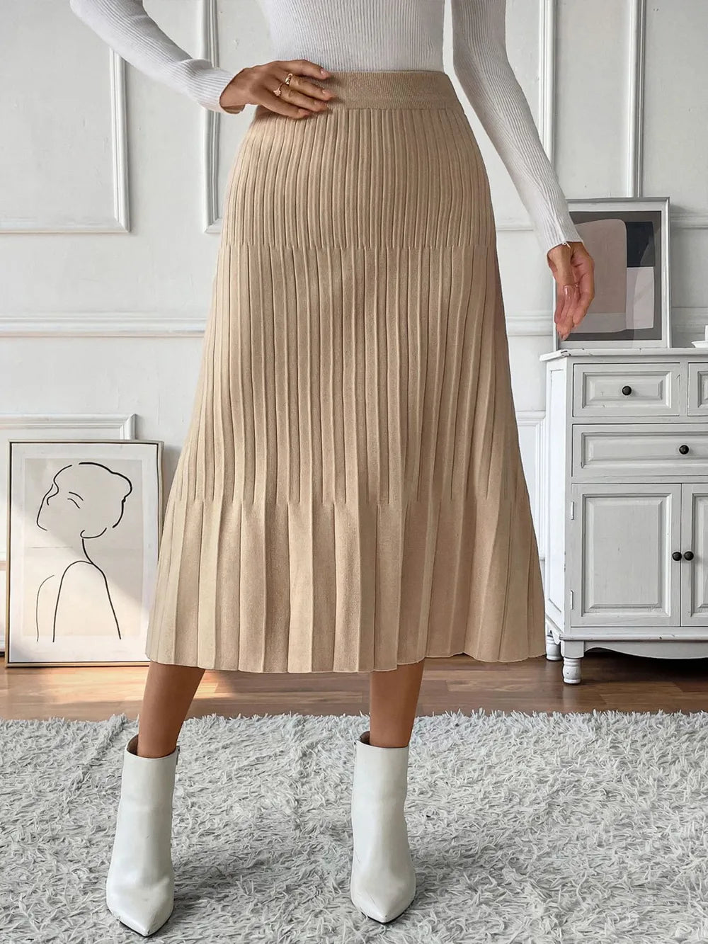 Perfee Pleated Midi Sweater Skirt - Grace Beauty H&C