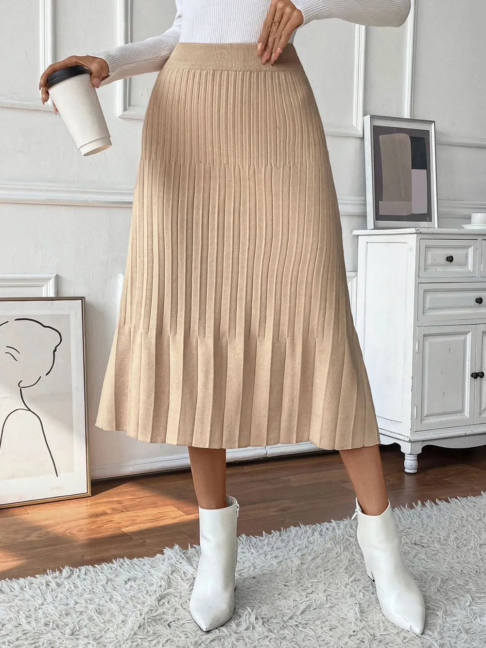 Perfee Pleated Midi Sweater Skirt - Grace Beauty H&C