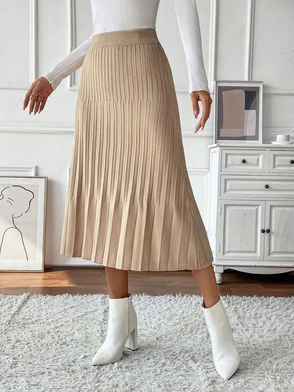 Perfee Pleated Midi Sweater Skirt - Grace Beauty H&C