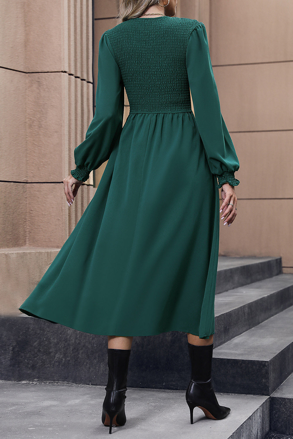 Perfee Smocked Long Sleeve Midi Dress - Grace Beauty H&C