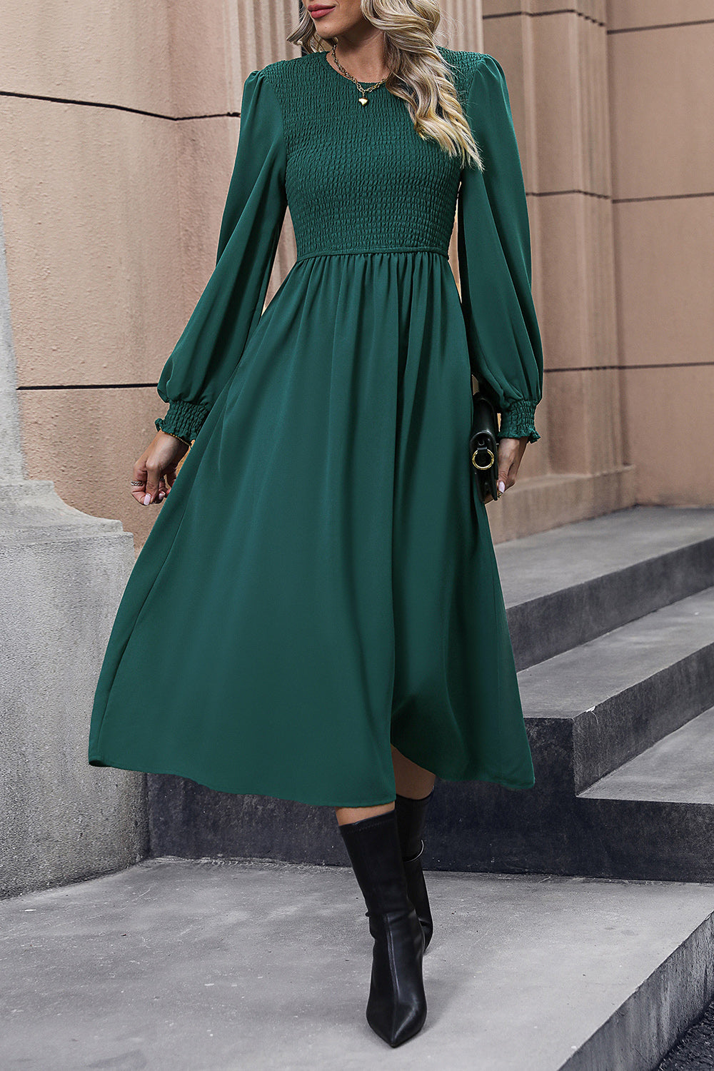 Perfee Smocked Long Sleeve Midi Dress - Grace Beauty H&C