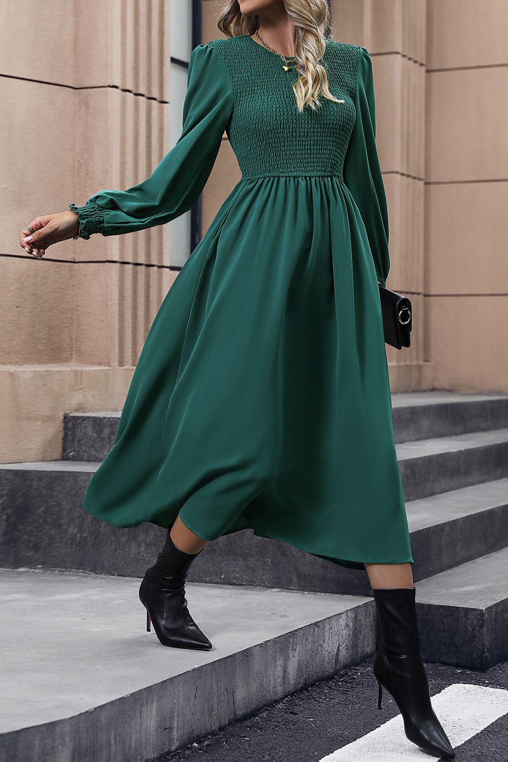 Perfee Smocked Long Sleeve Midi Dress - Grace Beauty H&C