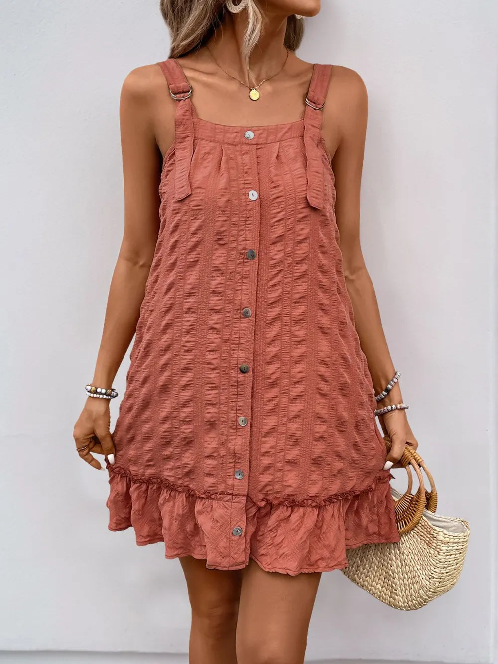 Perfee Texture Square Neck Wide Strap Mini Dress - Grace Beauty H&C